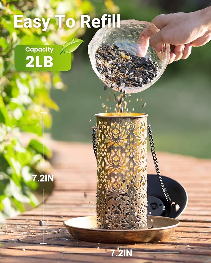 SWEETFULL Solar Bird Feeder for Outdoors Hanging, Metal Wild Bird Feeder for Cardinals Solar Garden Lantern with S Hook as Gift for Bird Lovers (2LBs Heavy Duty birdfeeders)