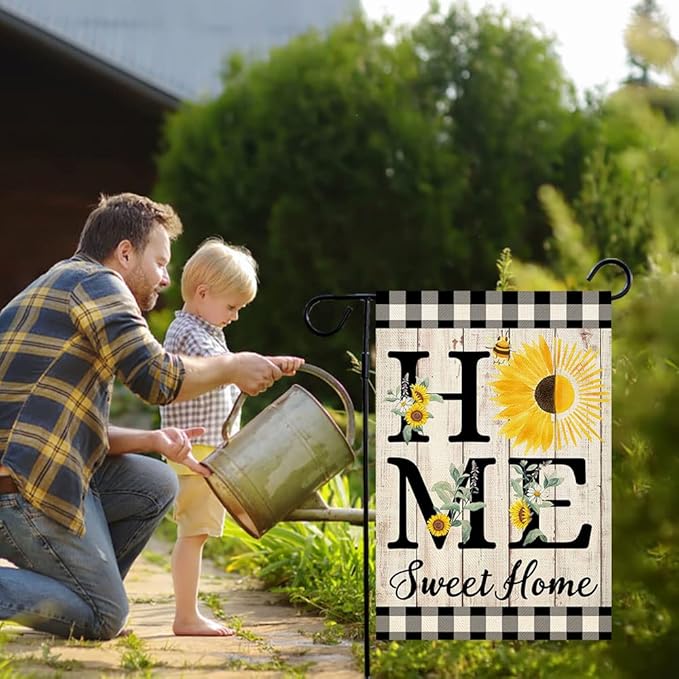 ORTIGIA Summer Sunflower Garden Flag Double Sided 12.5x18 Inch, Home Sweet Home Spring Floral Flower Buffalo Plaid Check Small Yard Flag Burlap Vertical Outside Outdoor Lawn Patio Decor