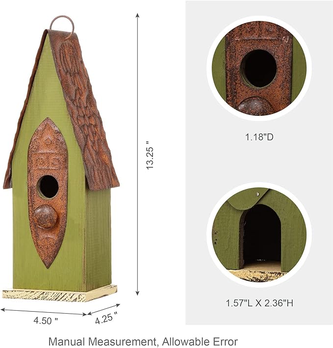 Glitzhome Bird Houses for Outside, 13.25" H Distressed Green Solid Wood Bird House Pet Cottage Hand Painted Hanging Bird House for Outdoors