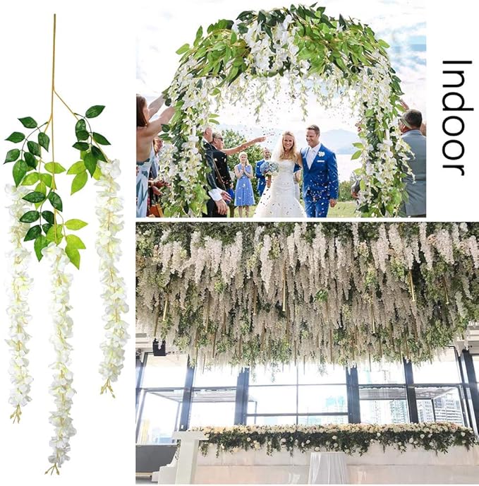 12Pcs Artificial Wisteria Flowers 3.6 Feet/Piece White Dense Artificial Fake Wisteria Vine Ratta Hanging Garland Silk Flowers String Home Party Wedding Decor(White-Dense)
