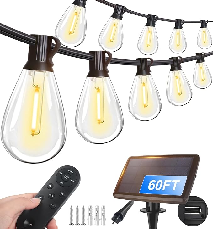 Tenmiro 60FT Solar String Lights Outdoor with Remote and 16+2 LED Shatterproof Bulbs Dimmable & Timing 3 Light Modes Solar Patio String Lights for Cafe, Garden, Deck, Outside Wedding Last for 10+Hrs