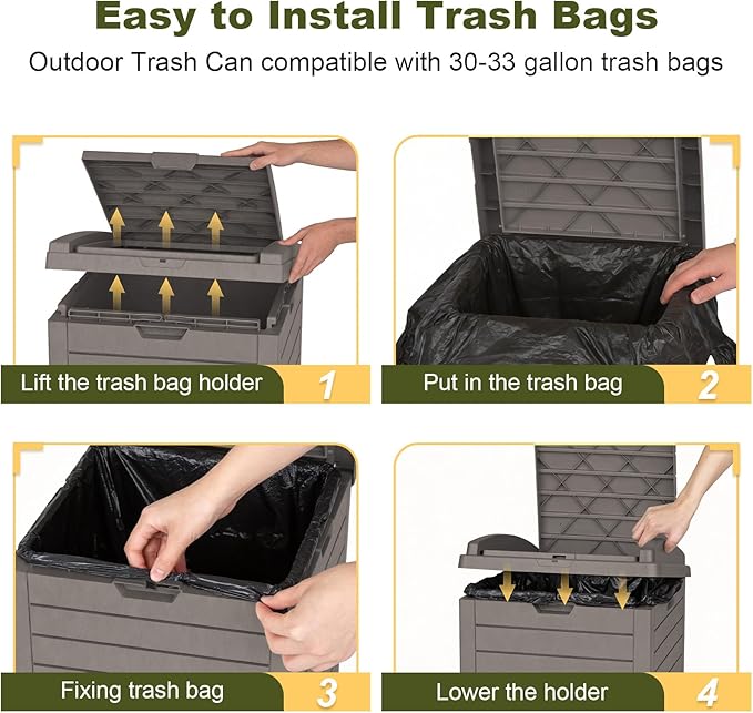 38 Gallon Outdoor Trash Can with lid,Waterproof,UV-Resistant Resin Garbage Can,Lockable Lid and Drip Tray,Trash Bin for Patio,Kitchen, Backyard and Deck(Grey)