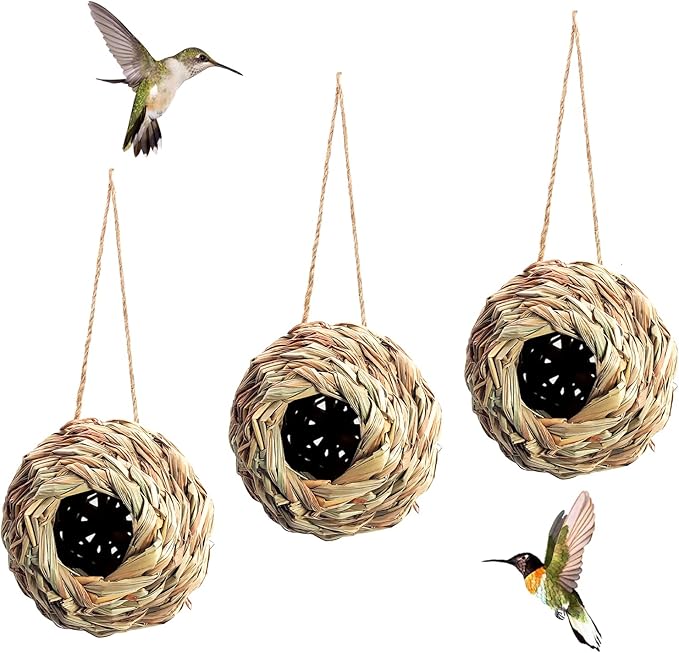 Humming Bird Houses for Outside Hanging, Natural Grass Hanging Bird Hut, Hand Woven Hummingbird Nest, Large Wren Finch Bird House for Garden Window Outdoor Home Decoration, 3 Pack