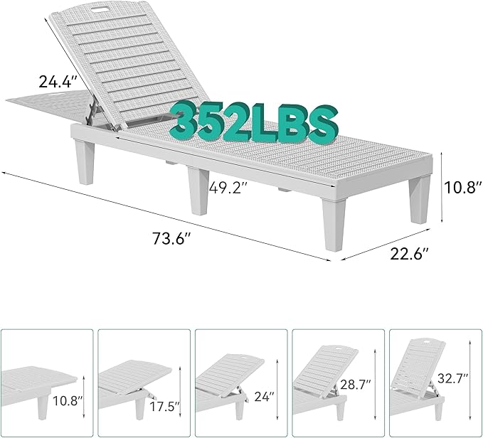 YITAHOME Outdoor Chaise Lounge Chair, Plastic Pool Chaise Lounge with 5-Position Backrest, Easy Assembly & Waterproof for Patio & Poolside, Grayish-White