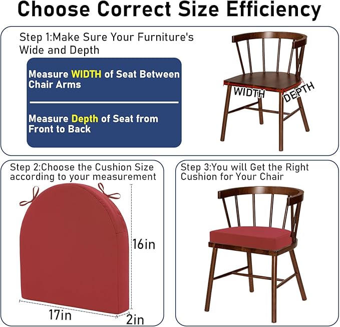 Topotdor Outdoor Chair Cushions Set of 4, 17"x16"x2" Waterproof Patio Chair Cushions for Outdoor Furniture, Round Corner Outdoor Seat Cushions Color Fastness Chair Pads with Ties, Bright Red