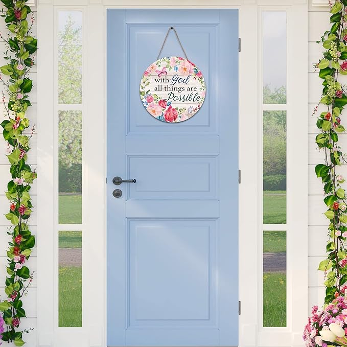 Spring Welcome Wreaths Sign Farmhouse Spring Door Hanger with God all Things are Possible Wall Sign Inspirational Hanging Decorations Religious Faith Decor Summer Flower Butterfly for Front Door