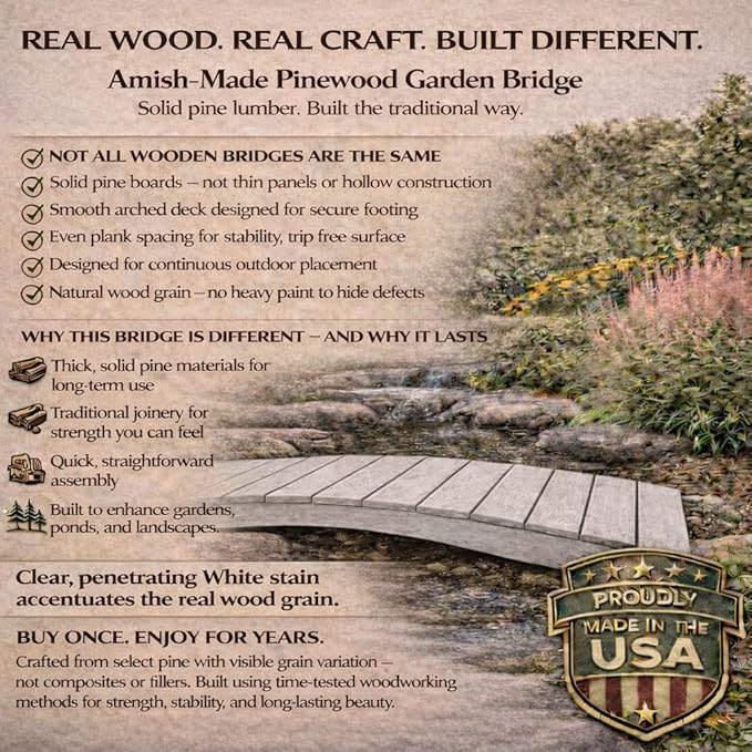 10 FT WHITE Amish Made Pinewood Heavy Duty Garden Bridge for Walkway, Backyard Pond & Landscaping, Outdoor Wooden Footbridge for Koi Pond, Japanese Style Decorative Bridge, Made in USA