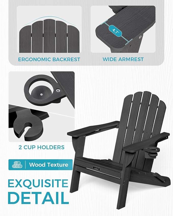 Adirondack Chairs Set of 4, HDPE Material Fire Pit Chairs, Plastic Adirondack Chairs with 2 Cup Holder, Outdoor Lawn Chair for Patio Garden, Black