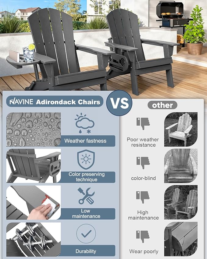 Adirondack Chair Set of 4, HDPE Folding Adirondack Chair with Multifunctional Cup Holder, Weather Resistant Fire Pit Chair for porches, patios, poolsides, Decks.