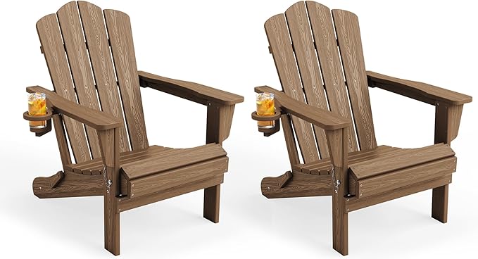 KINGYES Folding Adirondack Chair Set of 2, HDPE All-Weather Patio Chairs with Cup Holder, Wooden Textured Fire Pit Chairs for Poolside, Backyard, Deck, Brown
