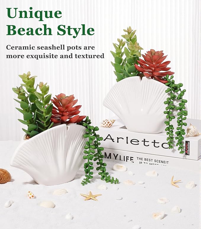 Lewondr Fake Plants, 2 PCS Artificial Plants with Sea Shell Pots, Assorted Fake Succulents in Coastal Beach Decor, Artificial Greenery Ocean Seashell Series for Home Office Bedroom Beach Theme Party
