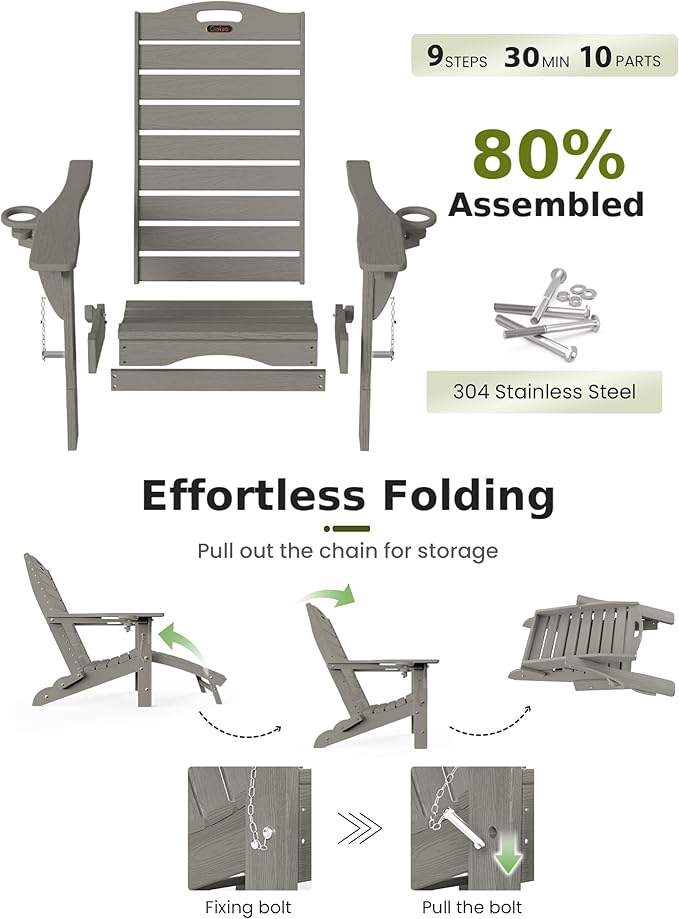 Ciokea Folding Adirondack Chair Set of 6 with Retractable Ottoman Fire Pit Patio Chair with Pull Out Foot Rest Weather Resistant Lawn Outdoor Chair with 2 Cup Holder (Grey)
