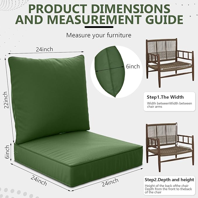 24" x 24" x 6" Outdoor Deep Seat Cushions Set - Waterproof & Fade Resistant Patio Furniture Replacement Cushions, Non-Slip Outdoor Cushions Fit Loveseats, Couches, Chairs, and Sofas.