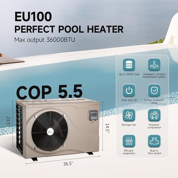 10000gallons Inverter Pool Heaters for Above Ground and Inground Pools, Max 38864BTU Electric Swimming Pool Heat Pumps for 8/15/20 ft Pool, 208V~230V/60Hz, Heating and Cooling Pool Heater