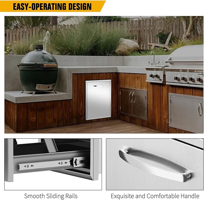 Built-in Single Trash Drawer 17" W x 23" H x 16" D Pull-Out Tray Outdoor Kitchen Stainless Steel Trash Drawer with Handle Storage Trash Bins or Propane Tank for BBQ Island Grill Station