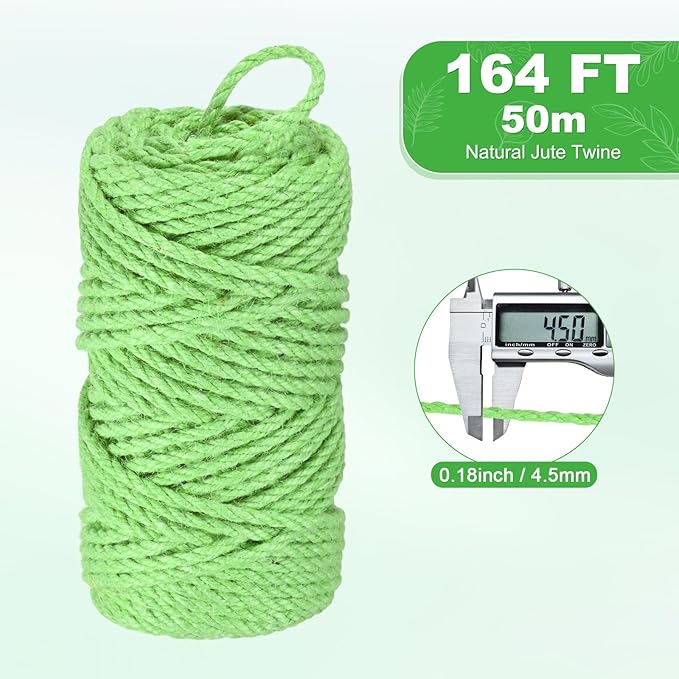 1-Pack Natural Jute Twine String, 4.5mm x 164ft/50m Long Garden Twine String for Crafts/Gift Wrapping/Gardening Plants, Durable Plant Ties Thick Rope [Light Green]