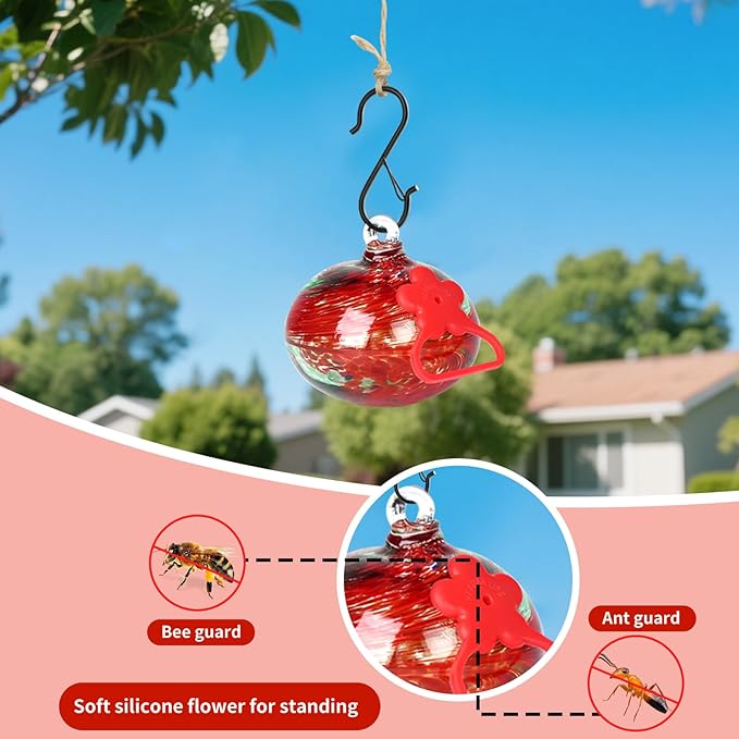 Small Hummingbird Feeders for Outdoors Hanging,Hand-Blown Glass Hummingbird Feeder with Silicone Feeding Perch,Never Leak,Gardening Gifts for Woman Man(Red)