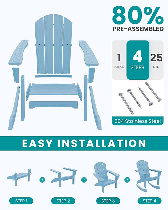 SERWALL Outdoor Adirondack Rocking Chairs Set of 2, All-Weather HDPE Adirondack Rocker Chairs, Front Porch Rocker Chairs for Patio Lawn Porch Deck, Light Blue