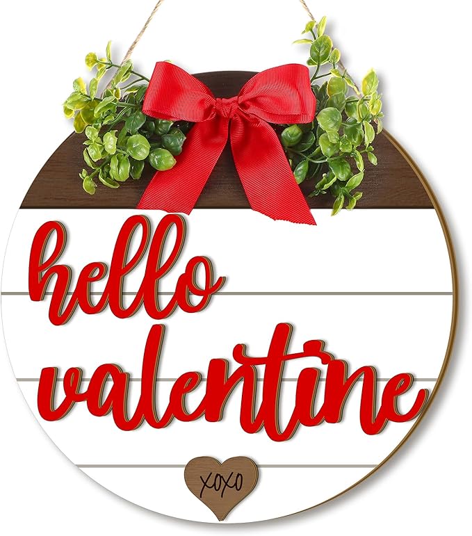 Boao Hello Valentine's Day Wooden Hanging Sign Farmhouse Door Decor Hello Valentine Vintage Heart Red Bow Door Wreath Rustic Wall Plaque Decorations for Window Wall Front Porch Hanger