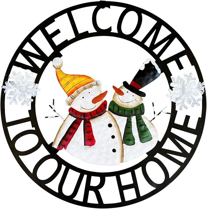 Welcome to Our Home Rustic Metal Snowmen Hanging Welcome Signs Wall Decor Front Door Wreaths Garden Fence Patio Porch Yard Winter Christmas Holiday Indoor Outdoor Decorations 13''H