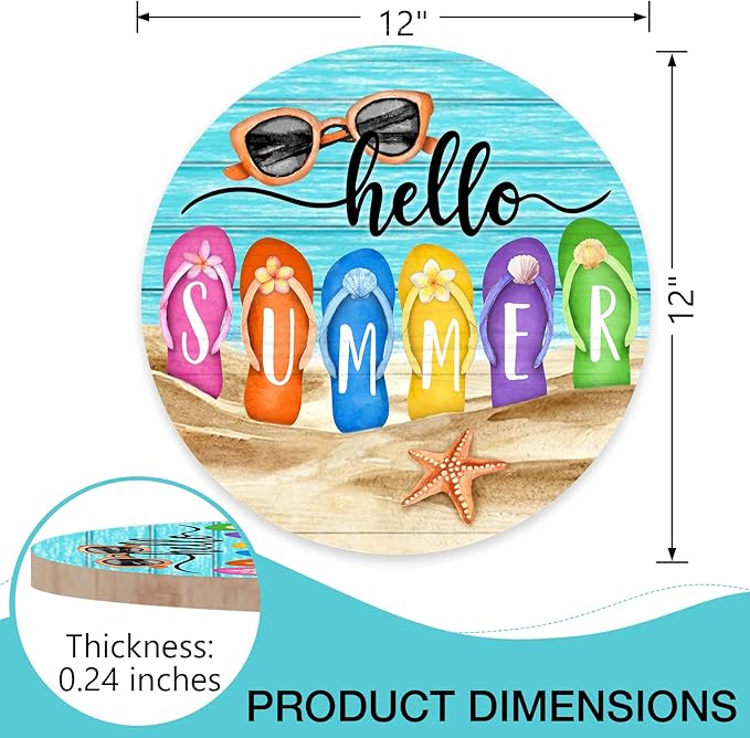 Deroro Hello Summer Beach Flip Flops Sign for Front Door Decor, Sunglasses Starfish Coastal Wood Hanger for Outdoor Outside Porch, Seasonal Farmhouse Wooden Wreath Indoor Wall Hanging Decorations