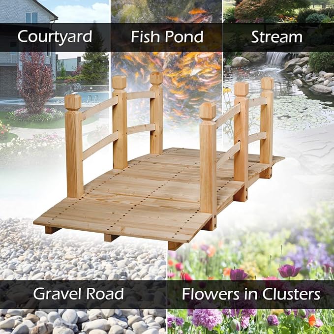 Giantex 5 FT Wooden Garden Bridge, Classic Wood Arc Footbridge with Railings, 400 lbs Capacity, Decorative Pond Bridge for Outdoor Garden Yard Backyard Creek Farm (Natural)