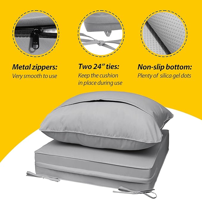 AAAAAcessories Outdoor Deep Seat Cushions, Waterproof, Fade-Resistant Patio Furniture Replacement Cushions, 25.5" x 25.5" x 5" + 25.5" x 19", Set of 4, Gray