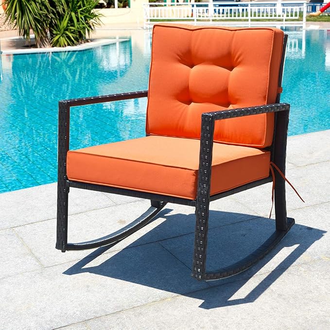 Tangkula Wicker Rocking Chair, Outdoor Rattan Rocker Chair with Heavy-Duty Steel Frame, Patio Furniture Seat with 5” Thick Cushion for Garden, Porch, Backyard, Poolside (1, Orange)
