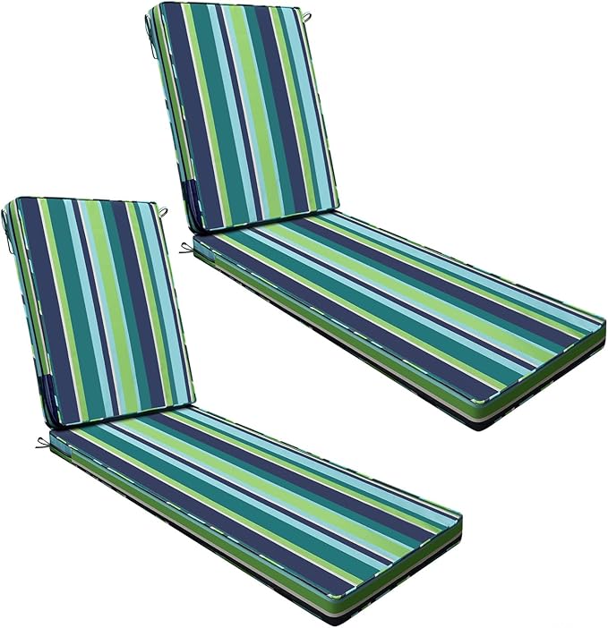 AAAAAcessories Outdoor Chaise Lounge Cushions, Fade-Resistant, Waterproof Patio Furniture Replacement Cushions, 74" x 23" x 3", Set of 2, Stormy Teal Coastal Stripe