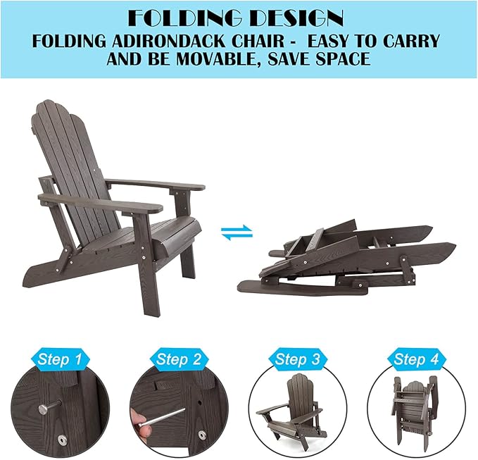 hOmeHua Folding Adirondack Chair Weather Resistant, Hard Plastic Imitation Wood Stripes Adirondack Chair, Easy to Fold Move & Maintain, Outdoor Chair for Patio, Backyard Deck, Fire Pit - Dark Brown