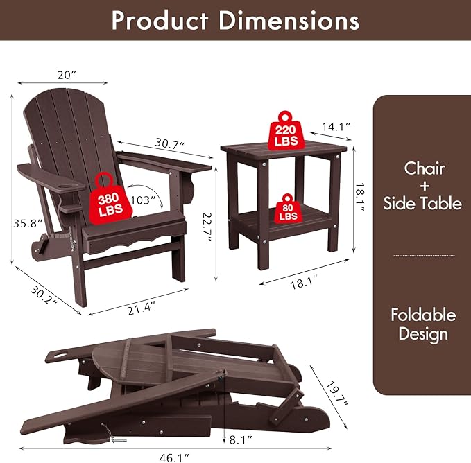 Folding Adirondack Chairs, HDPE Plastic Adirondack Chair with Side Table, Weather Resistant, Unfading, for Patio, Fire Pit, Balcony, Front Porch, Deck-Brown