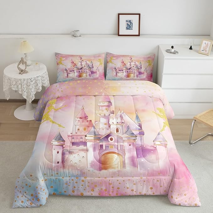 Erosebridal Princess Queen Bedding Set for Girls,Pink Castle Fairy Kids Comforter Sets,Dreamy Princess Quilt Bed Set,Rainbow Fairy Garden Comforter Reversible,Gifts for Women Girls Bedroom Decor