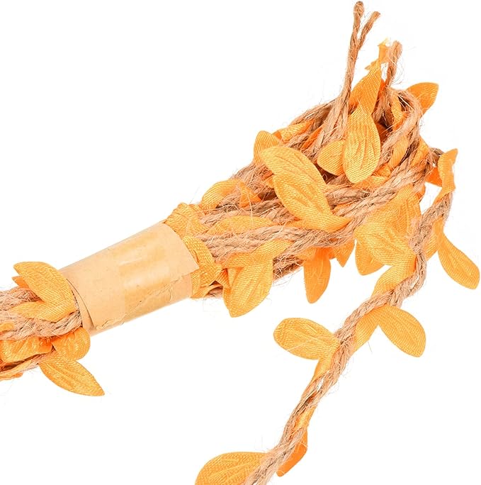 PATIKIL 6.6ft 5mm Burlap Leaf Ribbon, 2 Pack Braided Decoration Vine Natural Jute Rope Twine with Artificial Leaves for Jungle Wedding Party Home Garden Decor, Orange