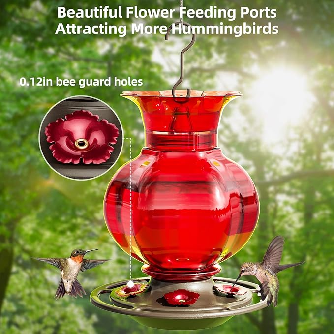 Auslar Hummingbird Feeder, Red Glass Hummingbird Feeders for Outdoors Hanging with Ant Moat, 5 Simulation Flowers Feeding Ports, 23 Ounces, Rustproof, Fade Proof, Pomegranate Shape, 2 Pack
