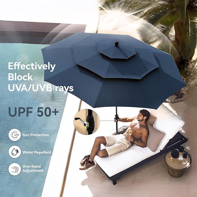 PHI VILLA 5 Piece Outdoor Dining Set with 10ft Umbrella, 37" Square Metal Dining Table & 4 Stacking Metal Chair with 3 Tier Navy Umbrella for Patio, Deck, Yard, Porch