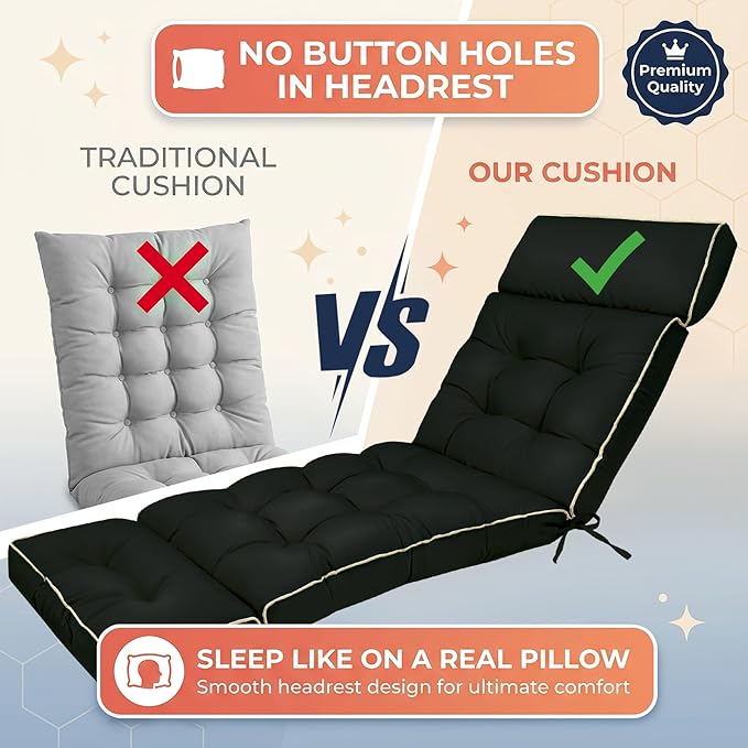 MAGIC ELEPHANT Chaise Lounge Cushion Outdoor, Memory Foam Patio Lounge Chair Cushion with Ties for Indoor Outdoor Furniture, Waterproof Replacement Long Chair Cushion (Black)
