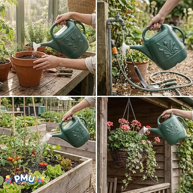 PMU 2 Gallon Watering Can - Garden Watering Can for Indoor & Outdoor Plants - Plastic Water Can with Detachable Sprinkler Head - Large Water Pot, Made in USA - Hunter Green Pkg/6