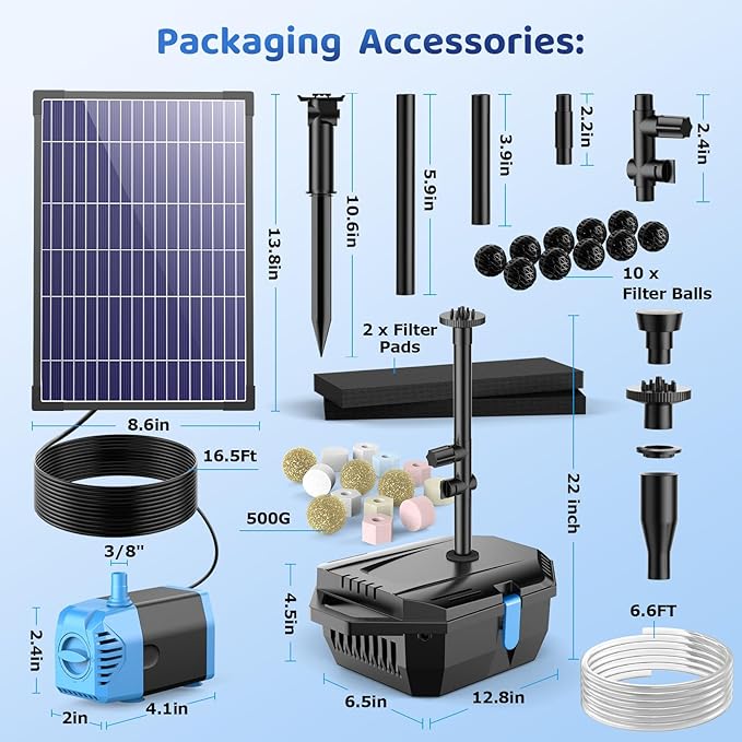 Antfraer 12W Solar Fountain Pump & Pond Filter Kit – Integrated Filtration System with 4 Nozzles, 6.6FT PVC Tubing Pond Filter for Outdoor Ponds, Gardens, Waterfalls, Fountains