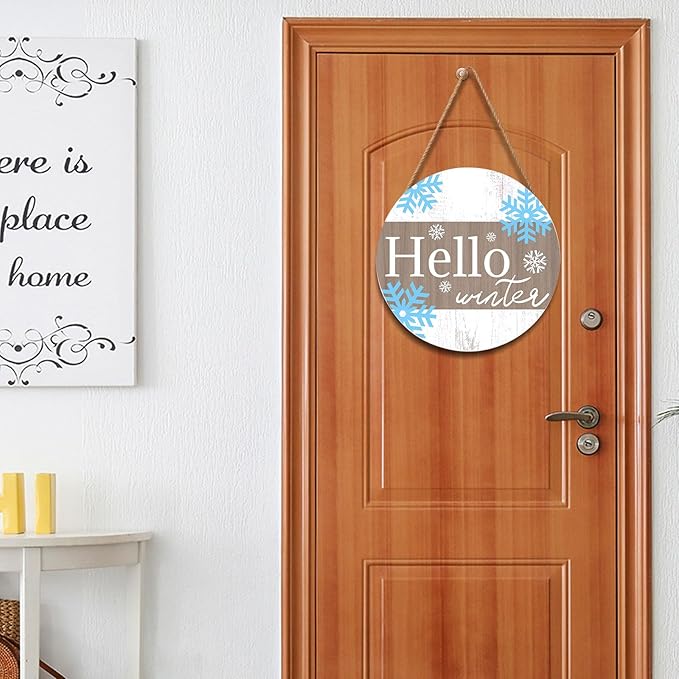 Blue Snowflakes Door Sign For Front Door Decor,Hello Winter Wooden Sign 12"x 12" Round Wood Hanging Door Sign Winter Decoration for Wall Rustic Decor
