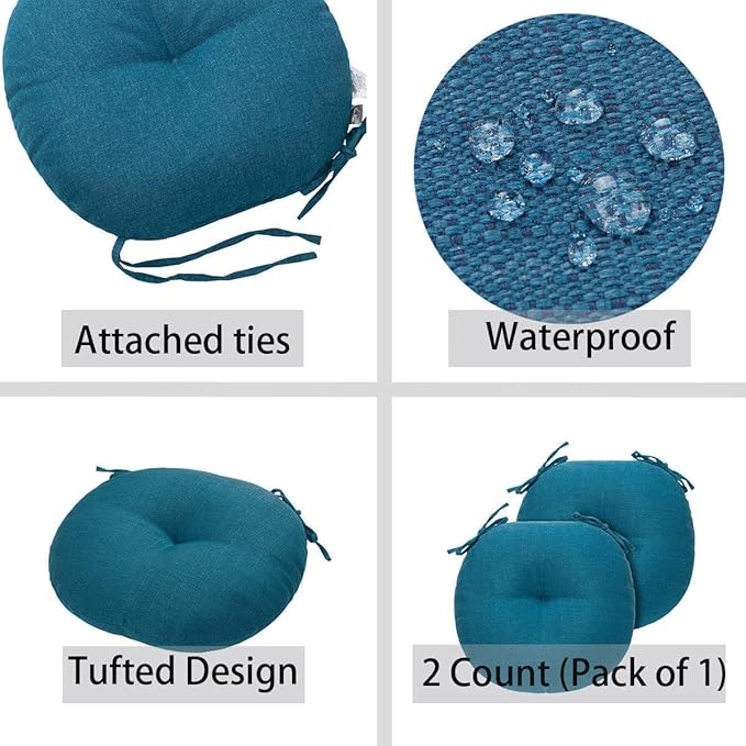 Bistro Chair Cushions 15 inch,Set of 2,Tufted Round Chair Cushions with Ties,15"x15"x4",Water Resistant Round Seat Cushion for Barstool Chairs,Patio Garden Kitchen Outdoor Furniture(Light Blue)
