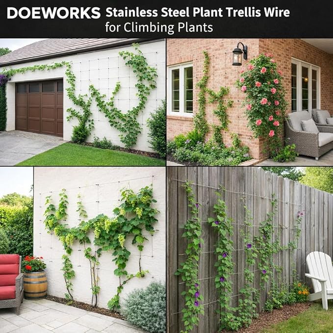 DOEWORKS Wire Trellis for Climbing Plants Outdoor, 16 Set Wall Wire Trellis Kit with 1/8 in x 80ft Stainless Steel Cable, Espalier System for Fence and Garden DIY Projects