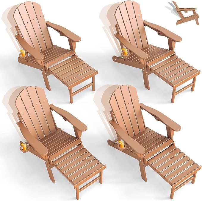 GREENVINES Adjustable Adirondack Chair with Retractable Ottoman Set of 4 | Folding | HDPE Plastic | Fire Pit Chairs w/Foot Rest | 2 Cup Holders | Teak | for Outdoor Patio Poolside Deck