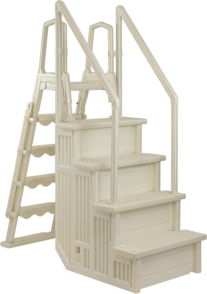 Aqua Select Anti-Slip in-Pool Steps with Outside Flip-Up Ladder | Pearl White | for Above Ground Swimming Pools | Can Mount to Decks 48" to 54" H | Safety Stairs Capacity Up to 350 lbs