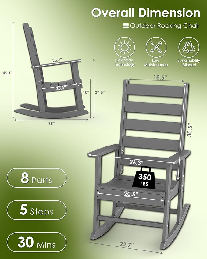GREENVINES Outdoor-Rocking-Chairs-Set-of-2 | HDPE Plastic | Patio Rockers | Porch Rocker Chair | Shaker | Oversized | High Ladder Back | Big & Tall | PentaLuxe | Grey