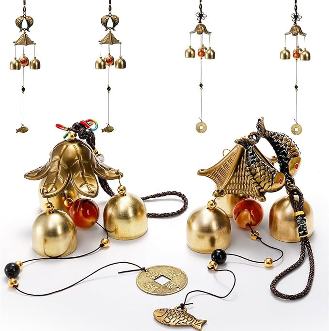 4 Pack Lucky Wind Chimes, Chinese Wind Bell, 3-Bell Vintage Blessing Hanging Wind Chime with Fish Coin for Safe, Good Luck, Wealth Home Garden Patio Hanging Decoration Gift