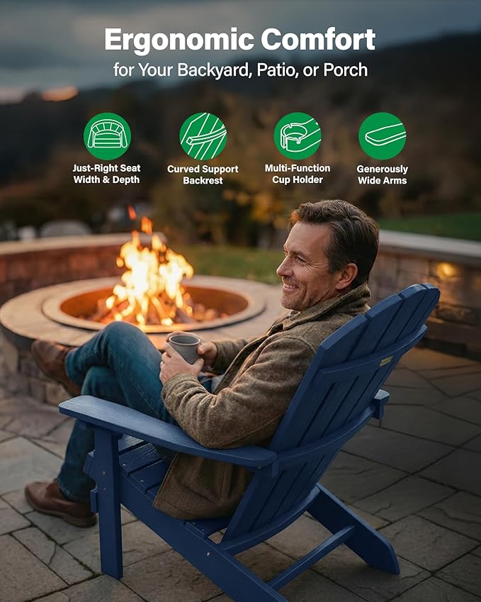 YEFU Adirondack Chair Weather Resistant: Outdoor Chair HIPS Plastic Adirondack Chairs - Patio Chairs with Wood Texture - Lawn Fire Pit Deck Porch Garden Chairs for Adults (Navy Blue)