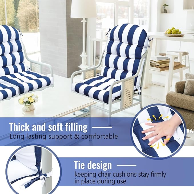 Geelin 4 Pcs Adirondack Chair Cushion High Back Patio Rocking Chair Cushion 44 x 19 x 4 Inch Tufted Weather Resistant Fade Resistant Seat for Patio Rocking Seat (Blue and White)