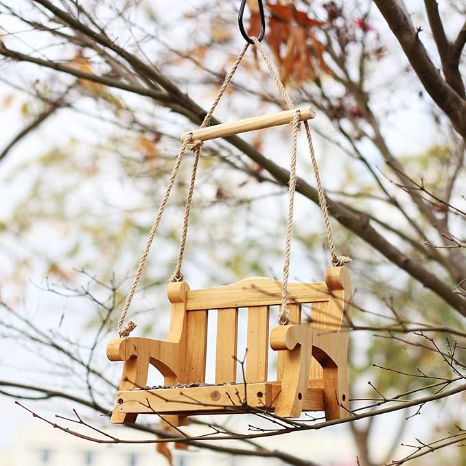 2pk Cedar Swing Birdfeeder,Traditional Regency Seat Style, Solid Wood Hand Curve Cutting, Rustic Proof Metal Mesh Tray, Bird Feeder for Outside, BJD Dolls Swing