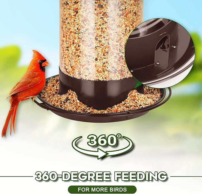 Metal Bird Feeders for Outdoors Hanging, Weather Resistant Wild Bird Feeder with 360 Degree Feeding Tray, Brown