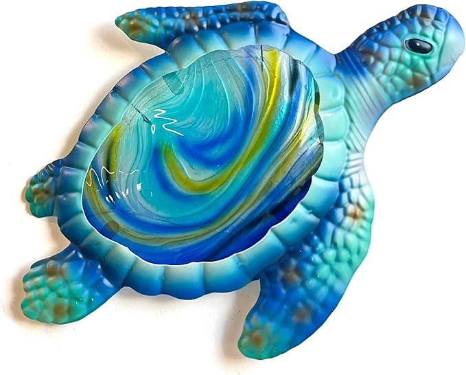LIFFY Metal Fish Wall Decor with Frame-Outdoor Wall Art, Wall Decor with LED Fairy Lights, Fish Glass Art Wall Sculpture for Patio,Beach,Garden,Yard,Pool,home gift(2pcs, Blue) (Light Turtle)